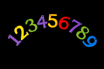 Wooden numbers, counting on black. Pre school education etc.