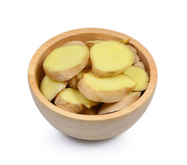 Greater Galangal in wood bowl on white background