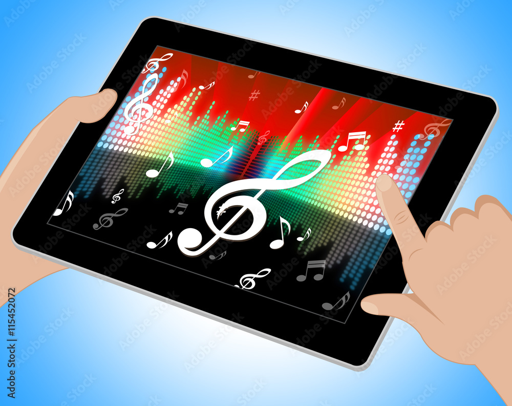 Poster notes equaliser represents sound track and abstract tablet