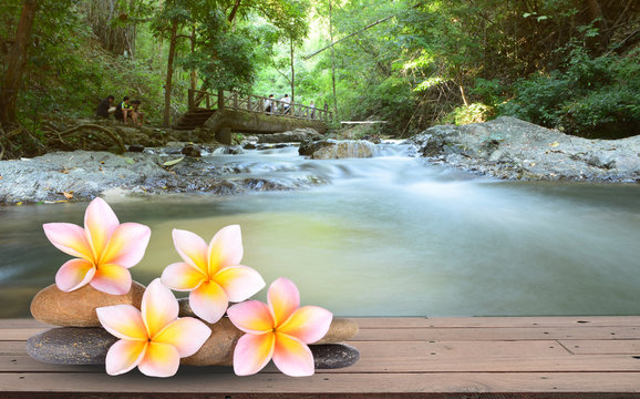 pink frangipani flower and stone zen spa on wood with blurred wa © boonchuay1970