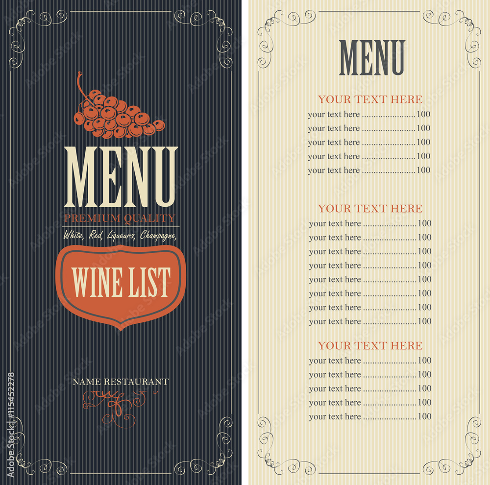 Poster wine list menu with a bunch of grapes and price
