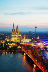 Cologne aerial overview after sunset - obrazy, fototapety, plakaty