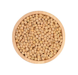 Top view, Soy bean in wood bowl on white background