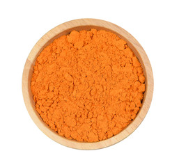 Top view turmeric powder in wood bowl on white background