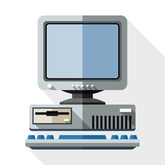 Vector Retro Computer Icon with Keyboard and CRT Monitor icon. Old Computer Icon with Keyboard and CRT Monitor simple icon in flat style with long shadow on white background