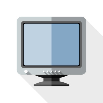 Vector Retro Computer Monitor icon. Old Computer Monitor simple icon in flat style with long shadow on white background
