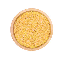 Top view peeled split mung bean in wood bowl isolated on white b