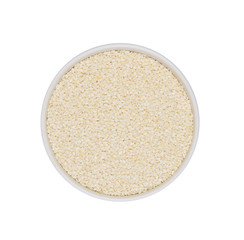 Top view white sesame seeds in white bowl isolated on white back