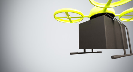 Green Color Material Generic Design Remote Control Air Drone Flying Black Box Under Empty Surface.Blank White Background.Global Cargo Express Delivery.Wide,Motion Blur.Front View 3D rendering