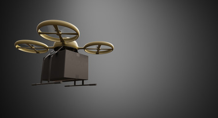 Green Military Color Material Generic Design Remote Control Air Drone Flying Black Box Under Empty Surface.Blank Dark Background.Global Cargo Express Delivery.Wide,Motion Blur effect.3D rendering.