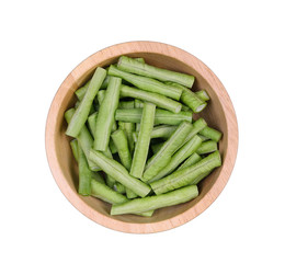 Top view yardlong bean in wood bowl isolated on white background