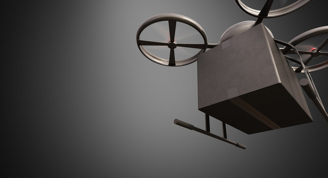 Carbon Material Generic Design Remote Control Air Drone Flying Black Box Under Empty Surface.Blank Gray Background.Global Cargo Express Delivery.Wide,Motion Blur effect.Front Bottom View 3D rendering