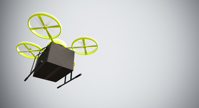 Green Color Material Generic Design Remote Control Air Drone Flying Black Box Under Empty Surface.Blank White Background.Global Cargo Express Delivery.Wide,Motion Blur effect.Bottom View 3D rendering