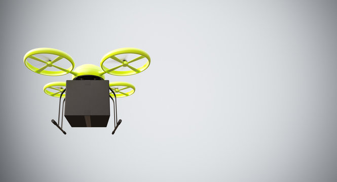 Green Color Material Generic Design Remote Control Air Drone Flying Black Box Under Empty Surface.Blank White Background.Global Cargo Express Delivery.Wide,Motion Blur effect.Front View 3D rendering