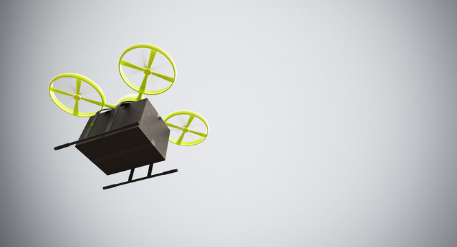 Green Color Material Generic Design Remote Control Air Drone Flying Black Box Under Empty Surface.Blank White Background.Global Cargo Express Delivery.Wide,Motion Blur.Left Side View 3D rendering