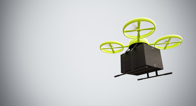 Green Color Material Generic Design Remote Control Air Drone Flying Black Box Under Empty Surface.Blank White Background.Global Cargo Express Delivery.Wide,Motion Blur.Right Side View 3D rendering