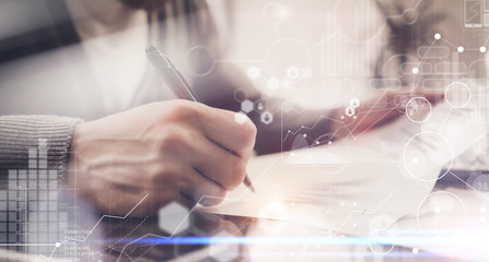 Businessman Signing Contract Pen.Project Manager Researching Process.Business Team Working Startup modern Office.Global Strategy Virtual Icon.Innovation Graphs Interfaces.Analyze market stock Blurred