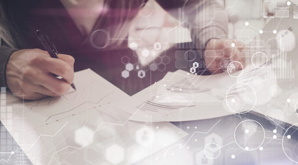 Businessman Charts Report Process.Project Manager Research Social Trading.Business Team Work Startup modern Office.Global Strategy Virtual Icon.Innovation Graphs Interface.Analyze market stock Blurred