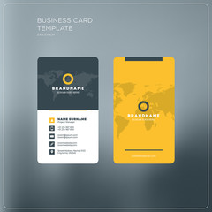 Vertical business card print template. Personal business card with company logo. Black and yellow colors. Clean flat design. Vector illustration. Business card mockup