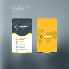 Vertical business card print template. Personal business card with company logo. Black and yellow colors. Clean flat design. Vector illustration. Business card mockup