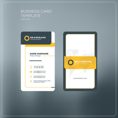 Vertical business card print template. Personal business card with company logo. Black and yellow colors. Clean flat design. Vector illustration. Business card mockup