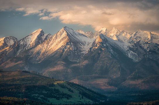Cloudy Tatra mountains in the morning, covered with snow