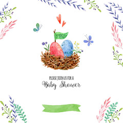 Watercolor invitations of Baby shower. Hand painted cute card.