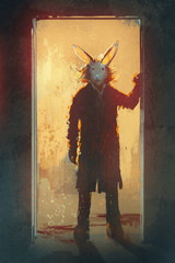 Fototapeta premium man with rabbit mask standing at the door,illustration,digital painting