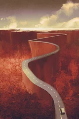 Tuinposter scenic drive,extreme winding road with cliff,llustration digital painting © grandfailure