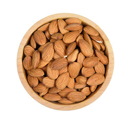 Top view dried almond in wood bowl on white background.