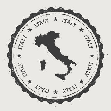 Italy hipster round rubber stamp with country map. Vintage passport stamp with circular text and stars, vector illustration.