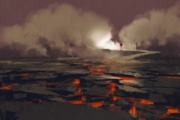 Rolgordijnen cracks in the ground with magma,man walking on the rock bridge with smoke,volcanic landscape,illustration painting © grandfailure