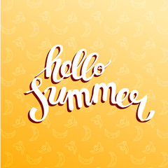 Hello summer, summer time. Poster on beach background. Handdrawn