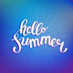 Hello summer. Poster on beach background. Handdrawn, lettering d