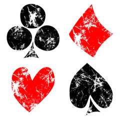 Vector set illustration of icons of playings cards, isolated on the white background. Black and red old signs with attrition and cracks. Series of Gaming and Gambling Illustrations.