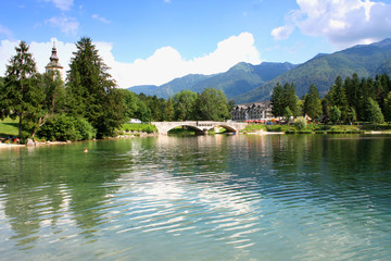 Beautiful view. Lake, mountain, reflection. Lake Bohinj. Slovenia