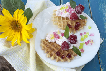 dessert waffles with fresh raspberries, delicious food