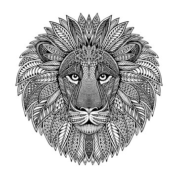 Hand drawn graphic ornate head of lion