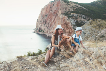 Family walking with dog