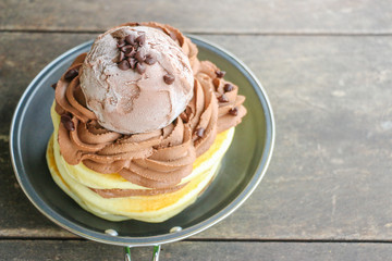 Stack of Homemade Pancakes with Chocolate Ice-Cream Scoops