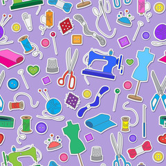 Seamless pattern on the theme of needlework and sewing , simple colored stickers on the purple background
