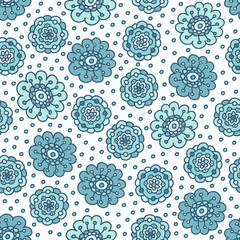 Blue floral seamless pattern. Pretty hand drawn doodle background. Vector illustration.