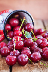 Sweet fresh ripe cherry pour out of a mug