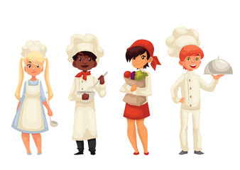 Children chefs cartoon vector illustration isolated on white background. Set of chef kids standing, serving food, holding vegetables and stirring bowl. Happy little cookers in hats and uniform