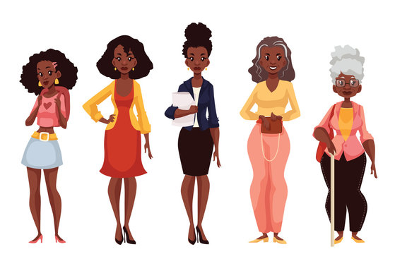 Set of black women of different ages from adolescence youth to maturity and  old age, vector illustration isolated on white background. Various  generations at African American women Stock Vector | Adobe Stock