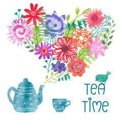 Fototapety  Watercolor tea time colorful vector illustration with teapot, cup and steam as flowers and leaves. 