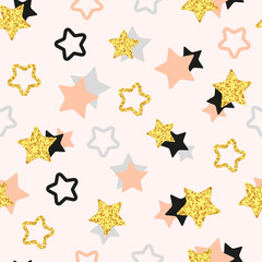Glittering stars seamless pattern. Vector background with golden, black and pink stars. 