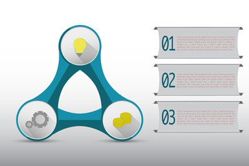 Three steps timeline infographics connected in abstract shape on rounded diagram. 3 steps infographic with banners, colored icons on blue triangle shape with rounded shapes on gradient gray backdrop