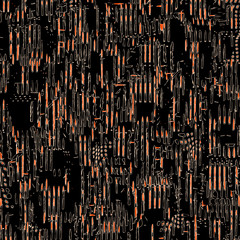 The stylized cityscape. Abstract background in black, white and orange tones with randomly arranged  geometric elements