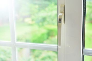 Window with view of summer backyard 